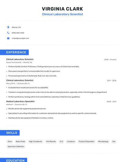 Clinical Laboratory Scientist Resume