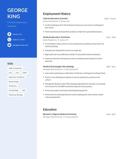 Clinical Laboratory Scientist Resume