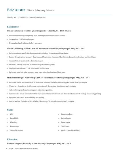Clinical Laboratory Scientist Resume