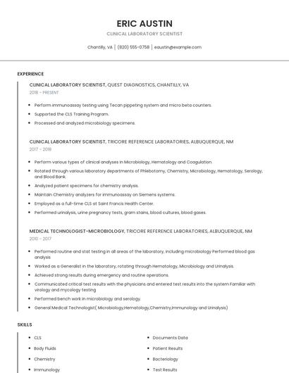 Clinical Laboratory Scientist Resume