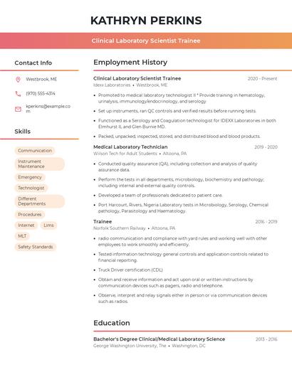 Clinical Laboratory Scientist Trainee Resume