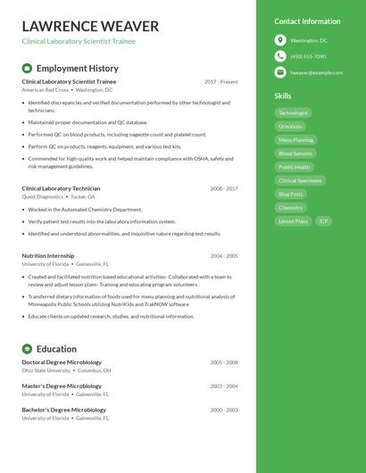 Clinical Laboratory Scientist Trainee Resume