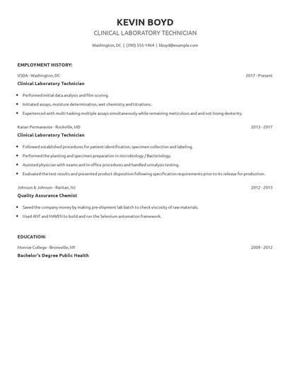 Clinical Laboratory Technician Resume