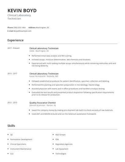 Clinical Laboratory Technician Resume