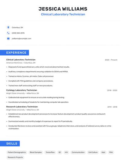 Clinical Laboratory Technician Resume