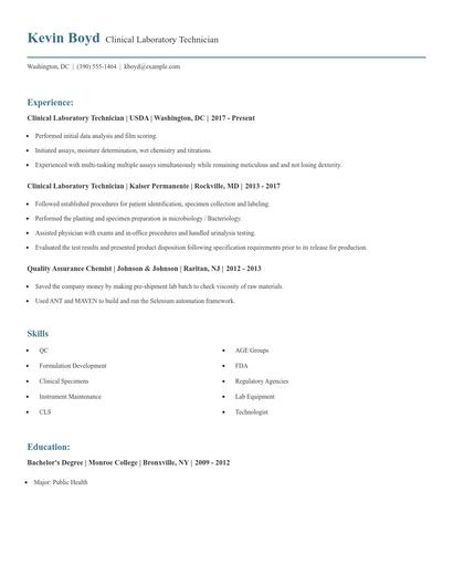 Clinical Laboratory Technician Resume
