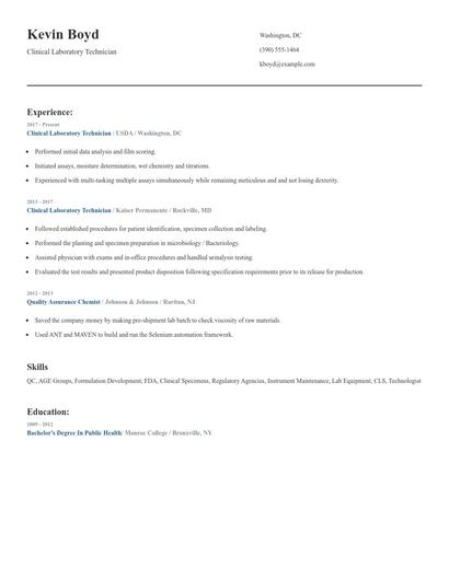 Clinical Laboratory Technician Resume