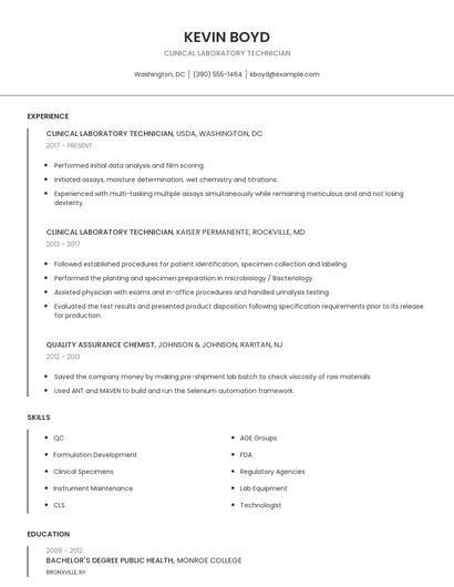 Clinical Laboratory Technician Resume
