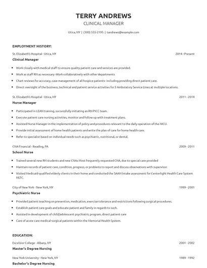 Clinical Manager Resume
