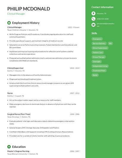 Clinical Manager Resume