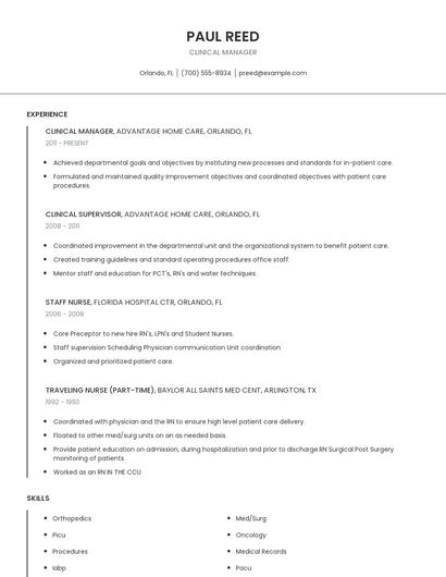 Clinical Manager Resume