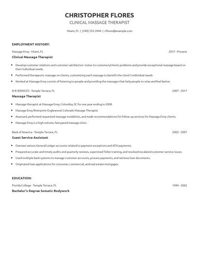 Clinical Massage Therapist Resume