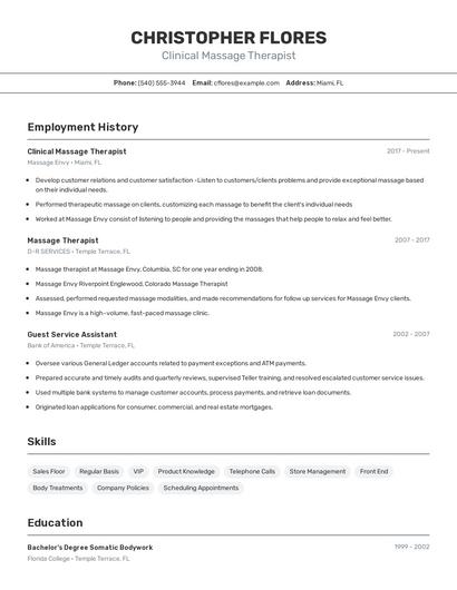 Clinical Massage Therapist Resume