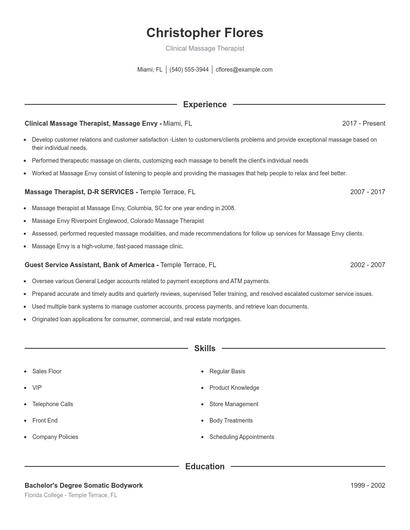 Clinical Massage Therapist Resume