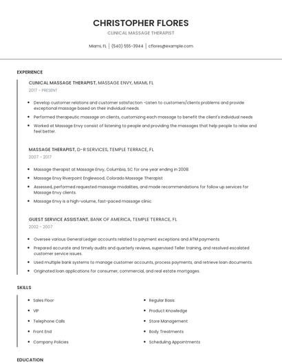 Clinical Massage Therapist Resume