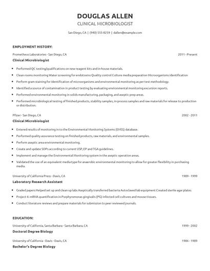 Clinical Microbiologist Resume