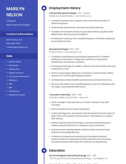 Clinical Neuropsychologist Resume