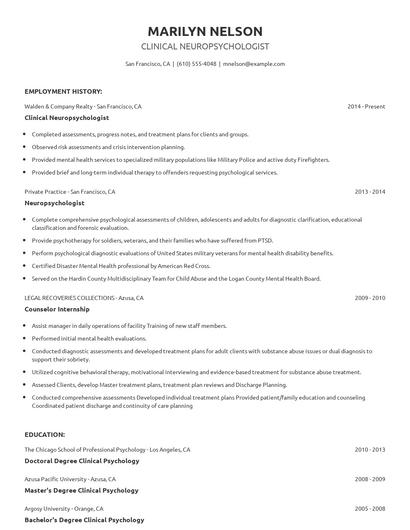 Clinical Neuropsychologist Resume