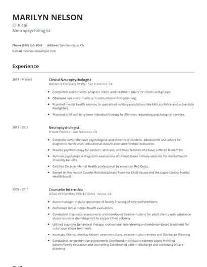 Clinical Neuropsychologist Resume