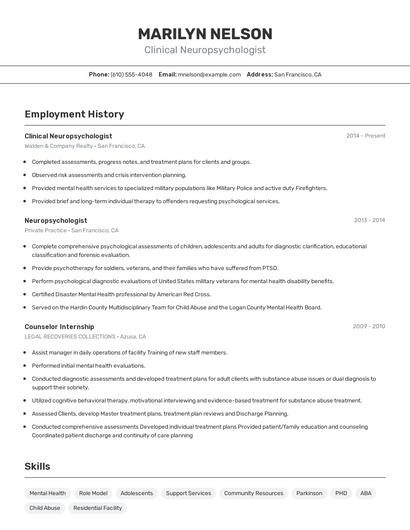 Clinical Neuropsychologist Resume