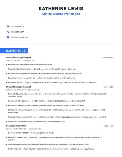 Clinical Neuropsychologist Resume