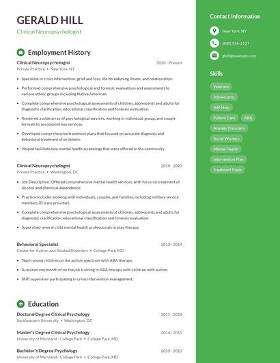 Clinical Neuropsychologist Resume