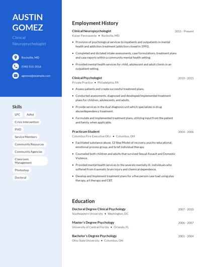Clinical Neuropsychologist Resume