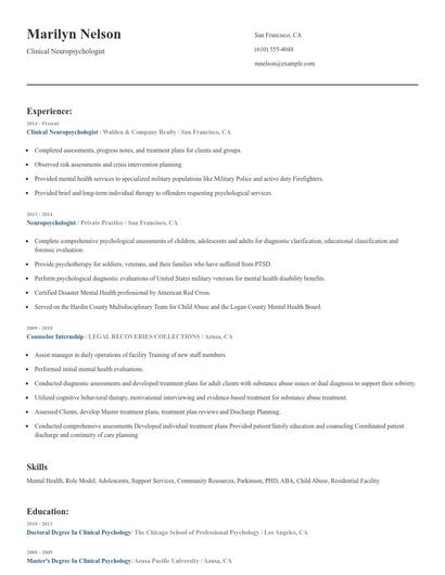Clinical Neuropsychologist Resume