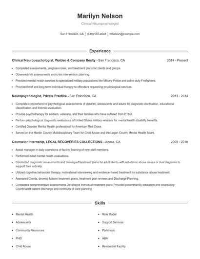Clinical Neuropsychologist Resume