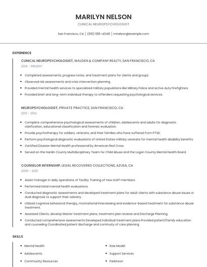 Clinical Neuropsychologist Resume