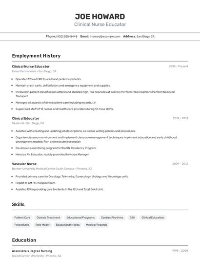 Clinical Nurse Educator Resume