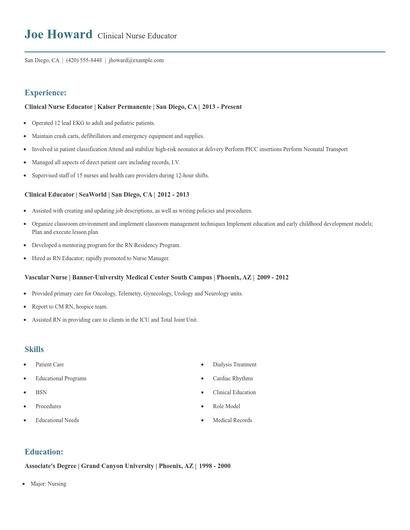 Clinical Nurse Educator Resume