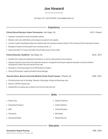 Clinical Nurse Educator Resume