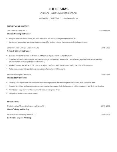 Clinical Nursing Instructor Resume