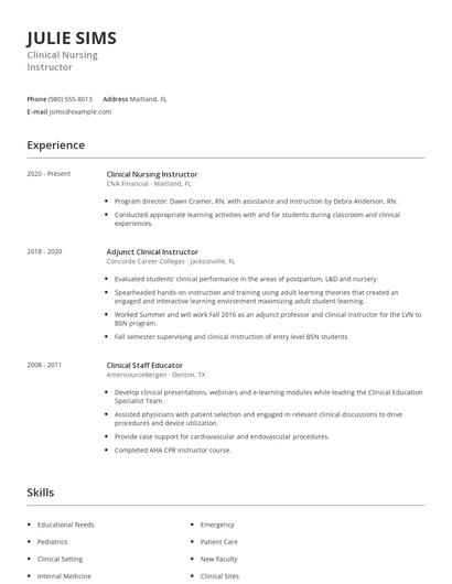 Clinical Nursing Instructor Resume
