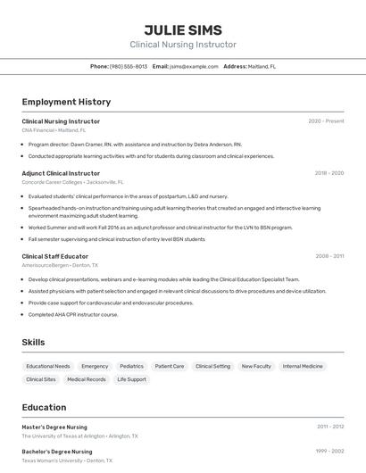 Clinical Nursing Instructor Resume