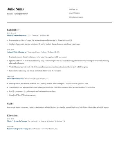 Clinical Nursing Instructor Resume