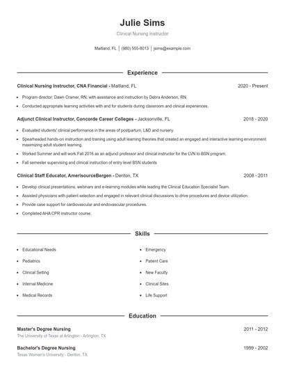 Clinical Nursing Instructor Resume