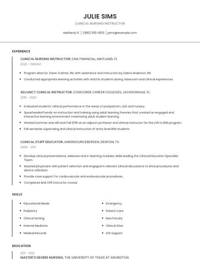 Clinical Nursing Instructor Resume