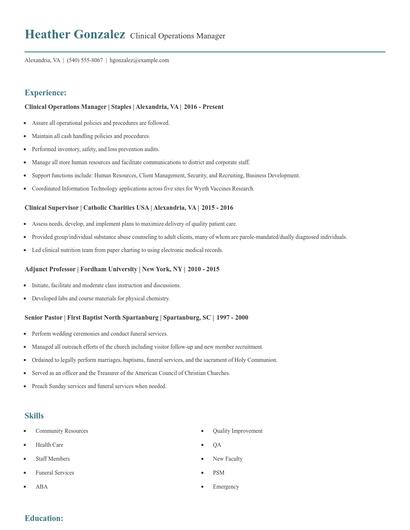 Clinical Operations Manager Resume