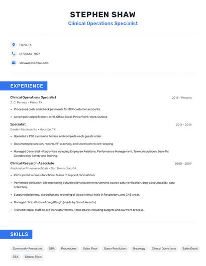 Clinical Operations Specialist Resume