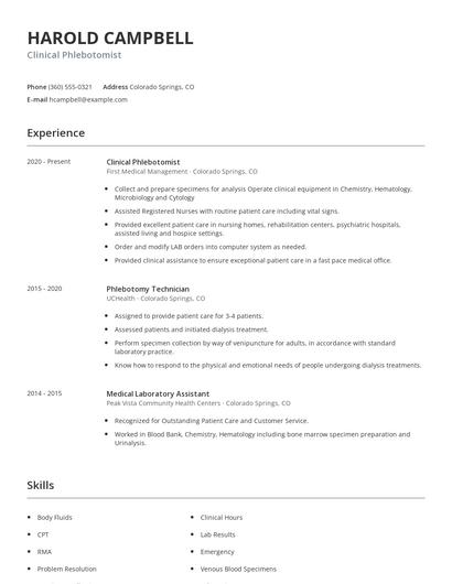 Clinical Phlebotomist Resume