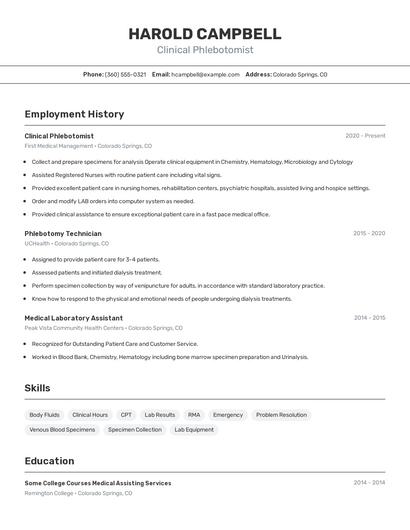 Clinical Phlebotomist Resume