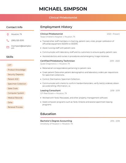 Clinical Phlebotomist Resume