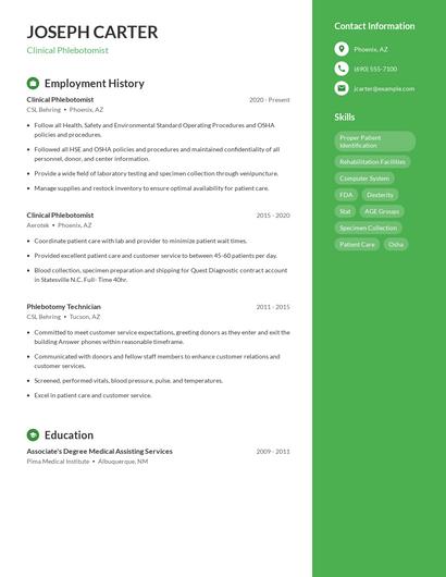 Clinical Phlebotomist Resume