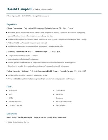 Clinical Phlebotomist Resume