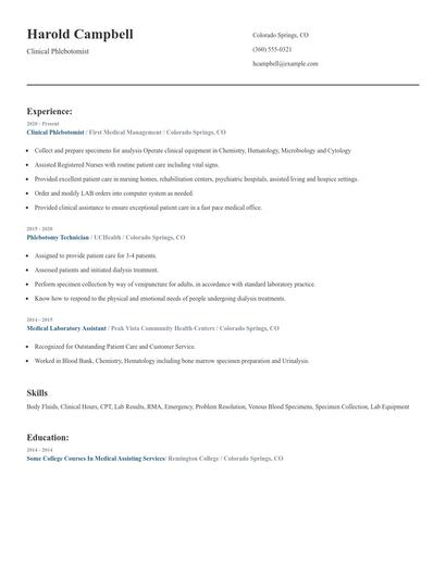 Clinical Phlebotomist Resume