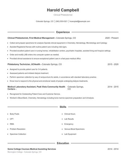 Clinical Phlebotomist Resume