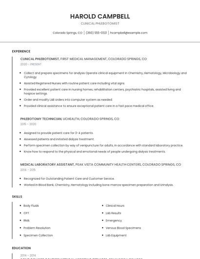 Clinical Phlebotomist Resume