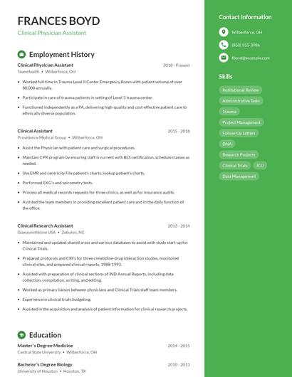 Clinical Physician Assistant Resume
